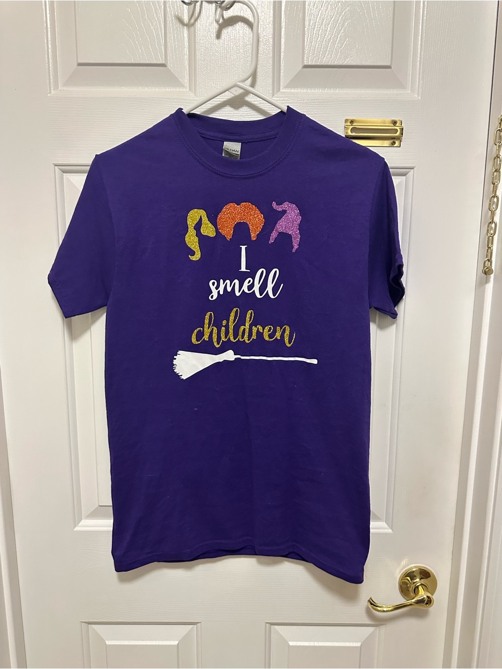 Gildan Purple "I Smell Children" Kids T-Shirt with Glitter Witch Designs